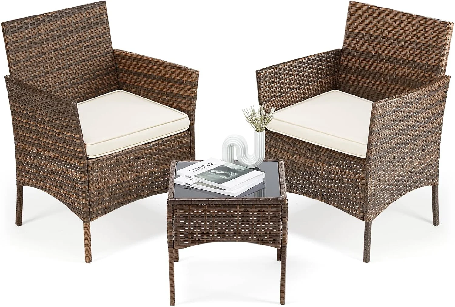 All Weather Manual Weaving Wicker Rattan Patio Chairs 3 Pieces Brown & Beige Outdoor Furniture Set Garden, Terrace