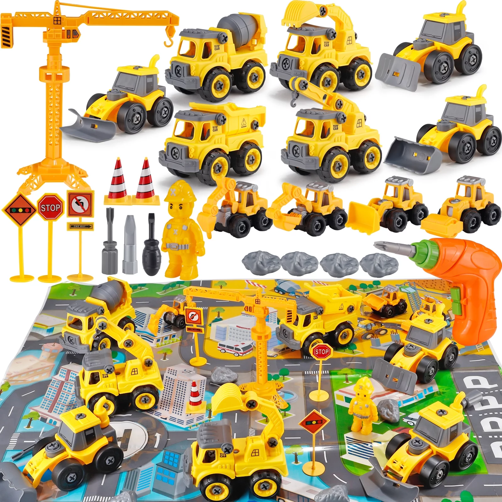 Toys for Boys 3-6 Years Take Apart Construction Trucks 8 Cars Toys with Electric Drill and Map Kids STEM Building Toys