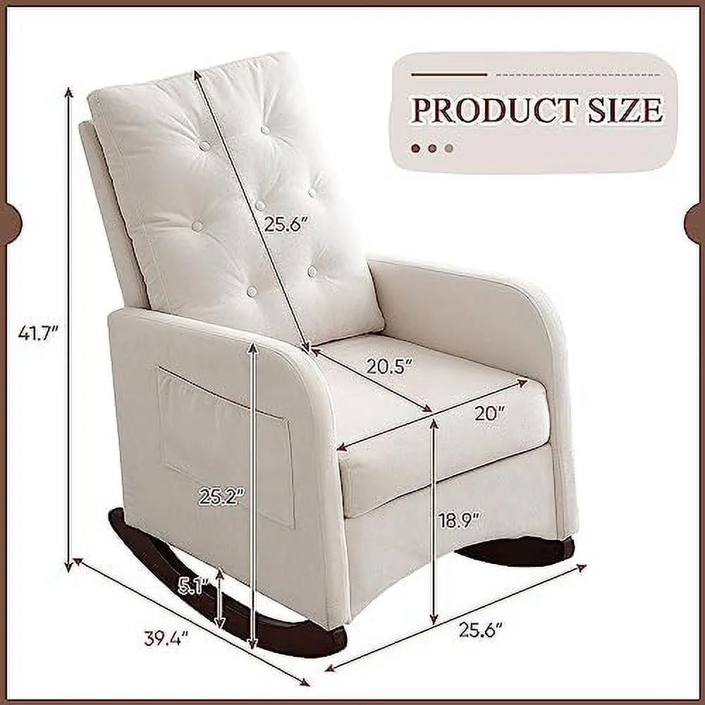 GFVCNIO Modern Rocking Chair for Nursery  Upholstered Glider Rocker Chair with Tufted High Backrest  Comfy Accent Armchair with Thick Cushion and Large Pocket for Living Room  Bedroom  Of