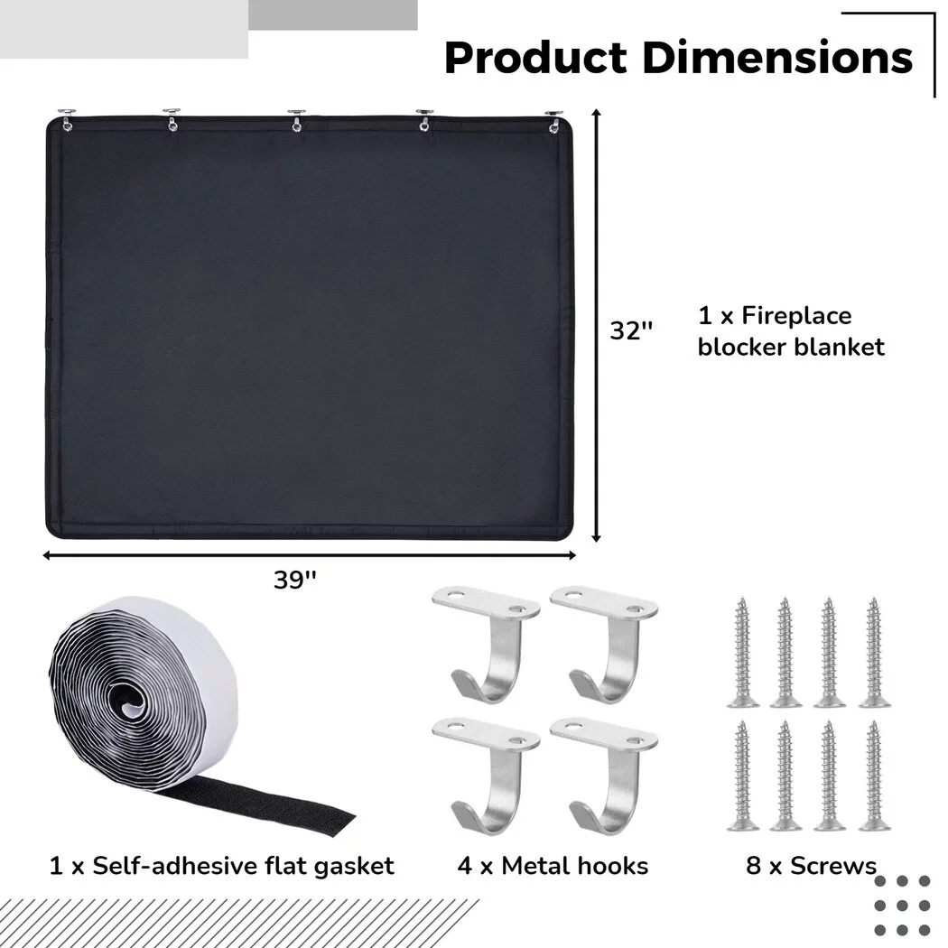 Fireplace Blocker, Black Fireplace Cover, Fireplace Draft Stopper, Black Fireplace Blocker Blanket with Velcro, Energy-conserving Fireplace Cover, 39 x 32''