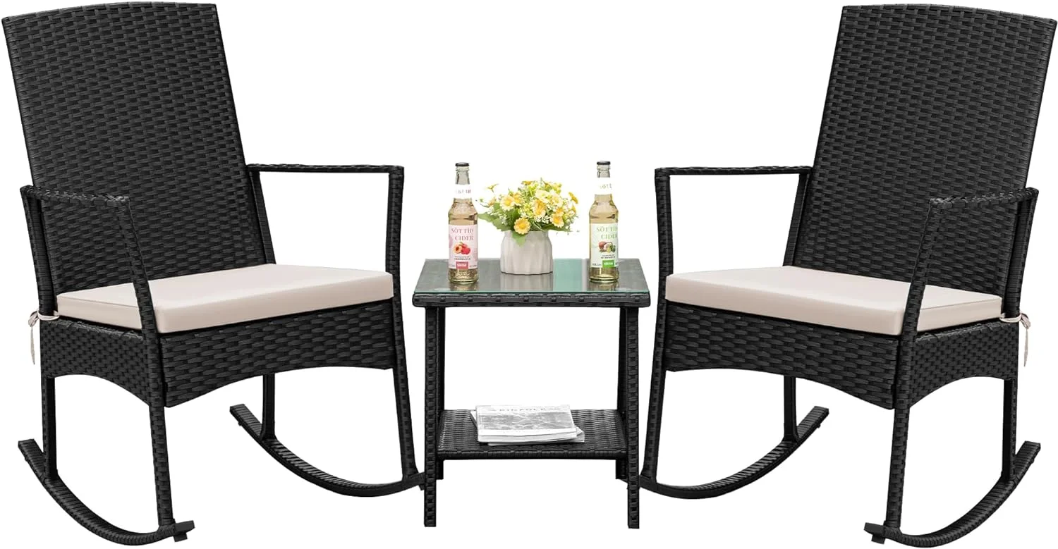 Rocking Chair Outdoor PE Rattan Patio Chairs with Glass Table High Back Porch Rocker for Balcony, Garden, Backyard (Beige)