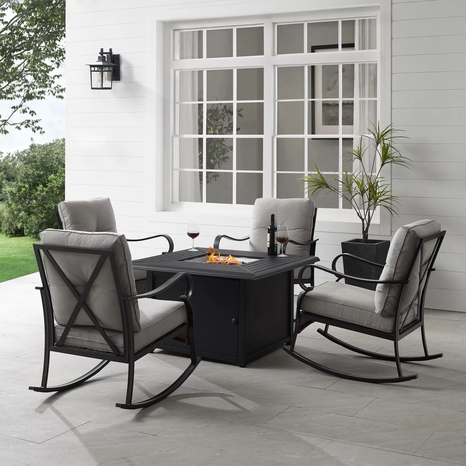 Maykoosh Art Deco Dreams 5Pc Outdoor Metal Conversation Set W/ Fire Table Taupe/Matte Black - Dante Fire Table & 4 Rocking Chairs