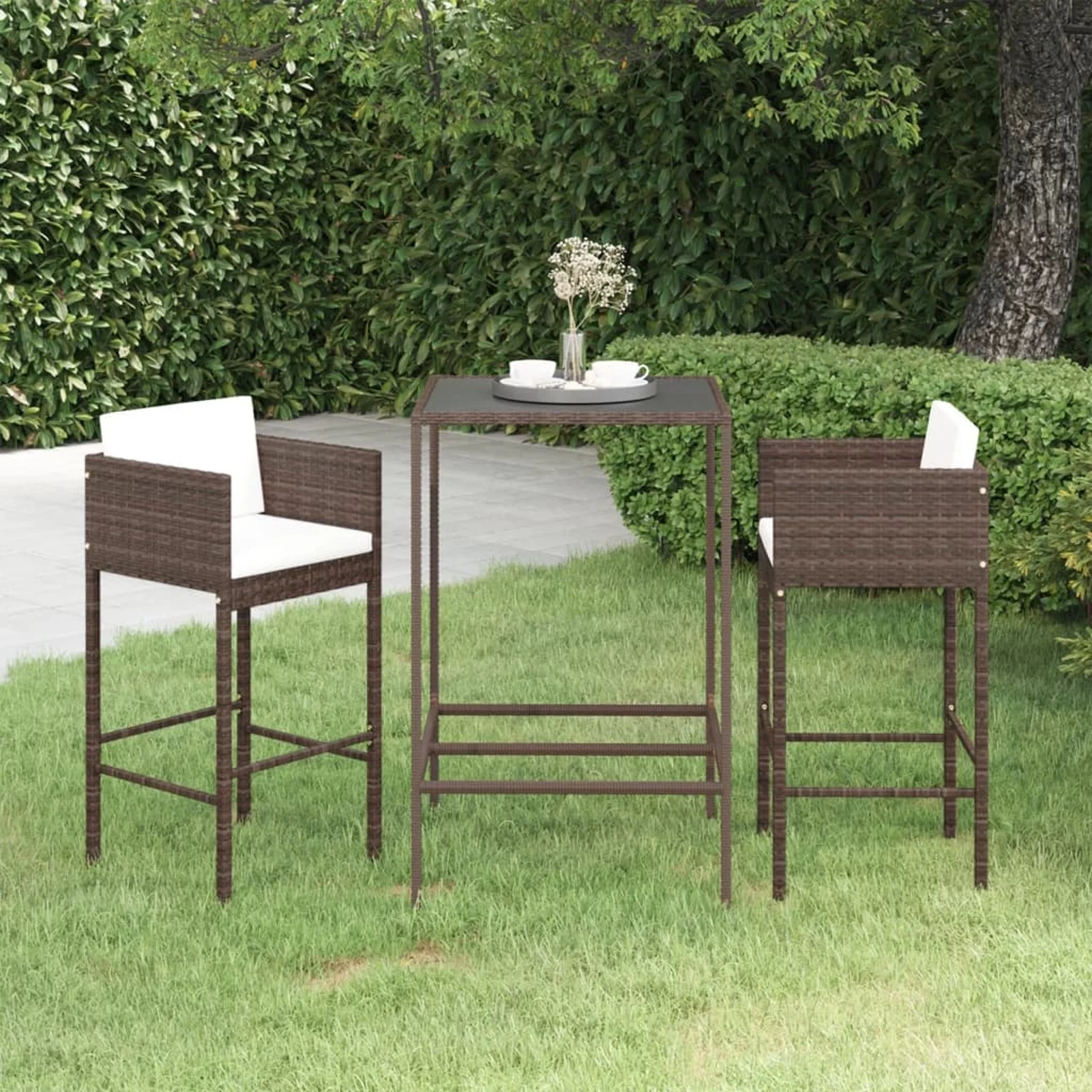 Dcenta 3 Piece Patio Bar Set, Glass Tabletop Table and 2 Stool Chairs with Footrest and Cushions, Poly Rattan Steel Frame for Bar, Patio, Balcony, Garden, Yard, Lawn, Terrace