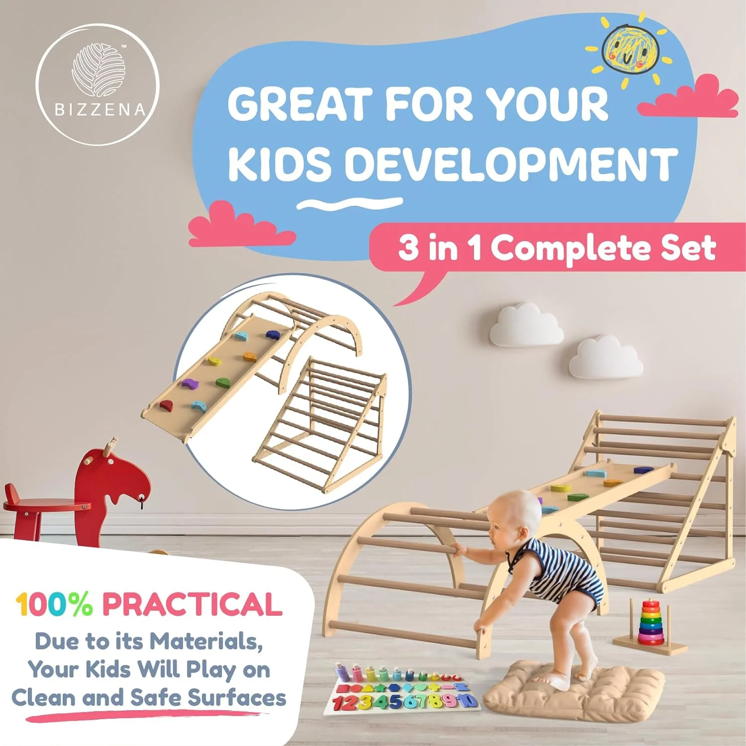 Pikler Triangle 3 Pieces – Kids Play Structure, 3 in 1 Montessori Climbing Baby Gym, Triangle, Arch, and Ramp, Foldable Playhouse for Kids, 36 Months