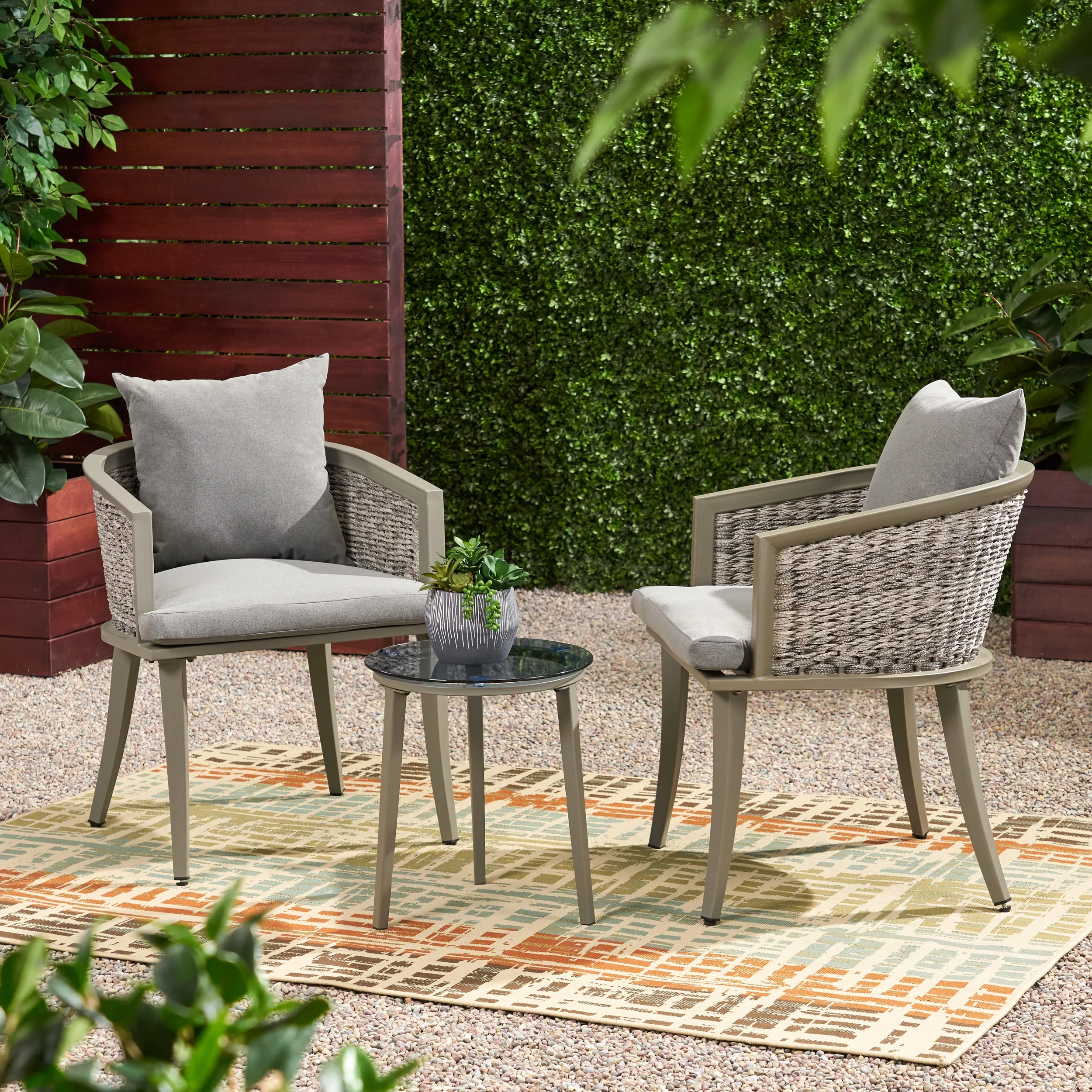 GDF Studio San Juan Outdoor Wicker and Glass 3 Piece Chat Set with Cushions, Light Gray and Gray