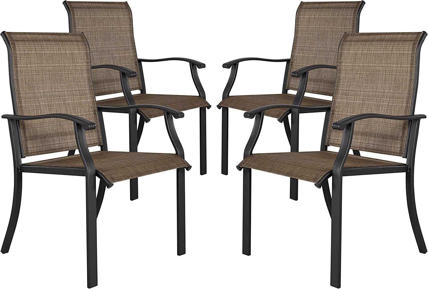 NUU GARDEN 4 Piece Outdoor Patio Dining Chairs, Textilene Dining Chairs with High Back, Patio Furniture Chairs with Armrest, Iron Frame for Lawn Garden Backyard Deck, Black and Brown