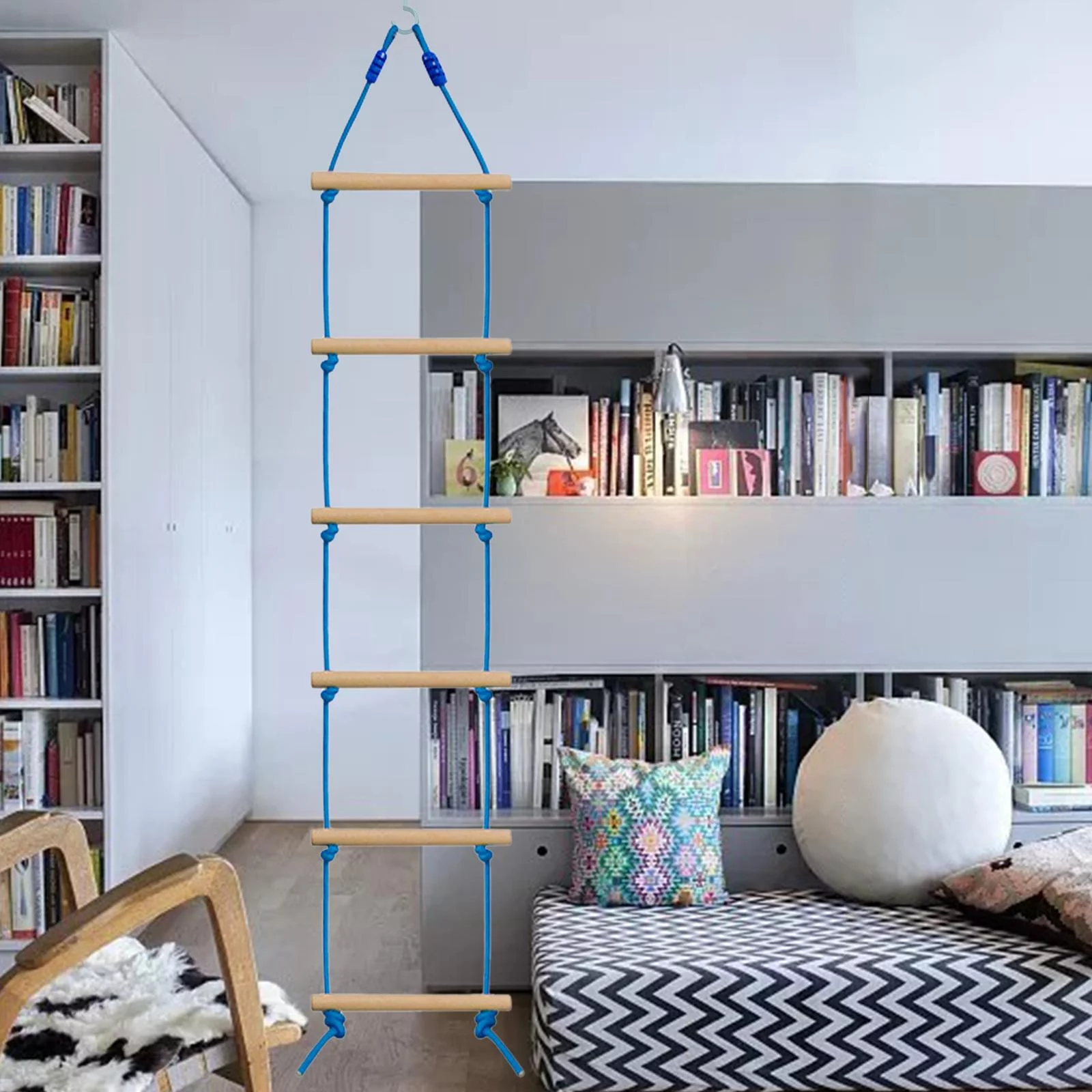 Rock Climbing Holds Set with Climbing Rope Ladder,Kid Climbing Grips DIY Wall Suits , Wooden blue and wooden