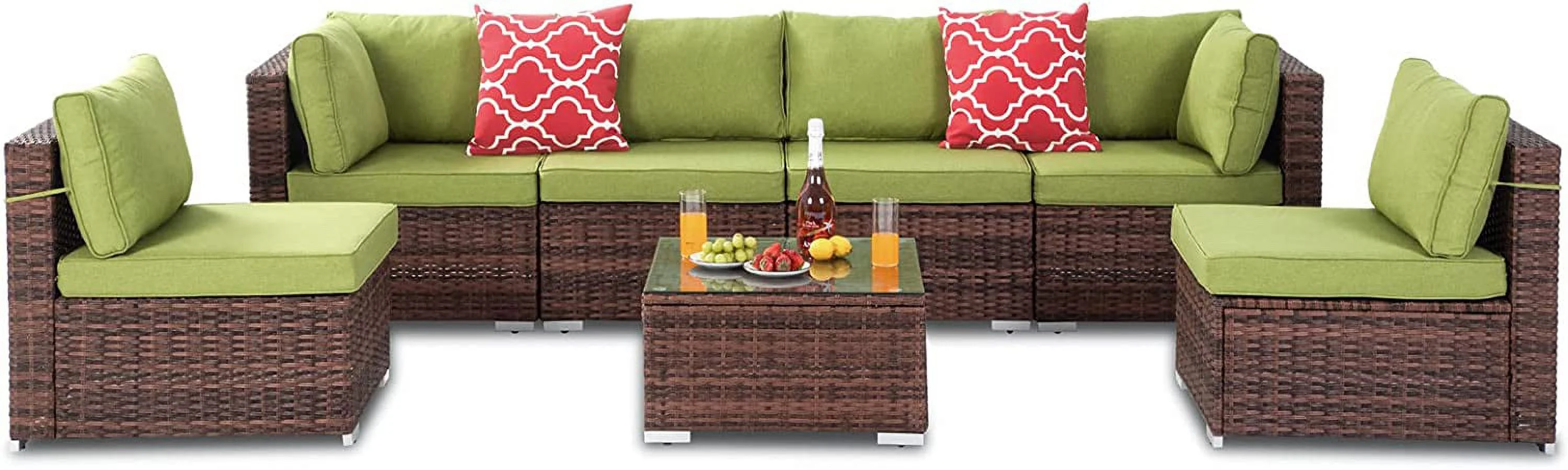 VONZOY 7 Pieces Patio  Set  Outdoor Sectional Sofa Couch  Brown Wicker Rattan Patio Conversation Set with Cushions and Table (Green)