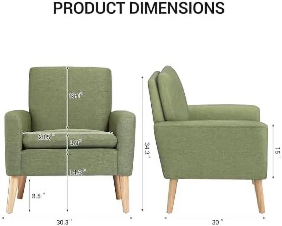 xrboomlife Mid-Century Modern Accent Chair Fabric Upholstered Comfy Reading Arm Chair for Bedroom  Living Room Stuffed Seat Single Sofa Chair with Wood Legs - Grey