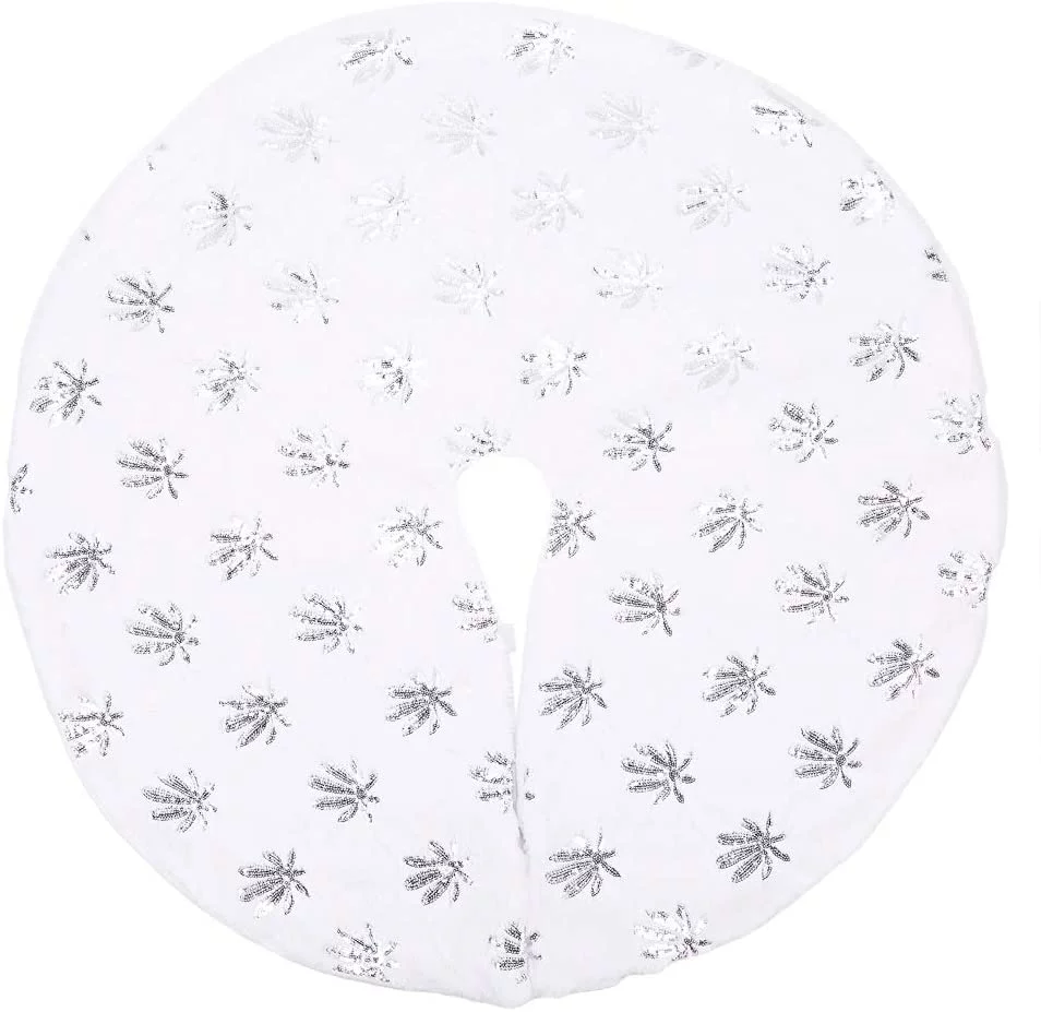 GRNSHTSChristmas Tree Skirts 30/36 inches White Luxury Faux Fur Xmas Tree Skirt with Maple Leaf for Christmas Holiday Home Party Decorations