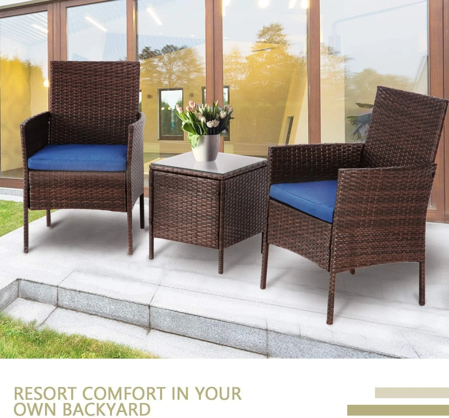 Betterland 3-Piece Patio Bistro Set Outdoor Conversation Set, Brown Wicker Porch Chairs Set Garden Furniture with Coffee Table (Navy Cushion)