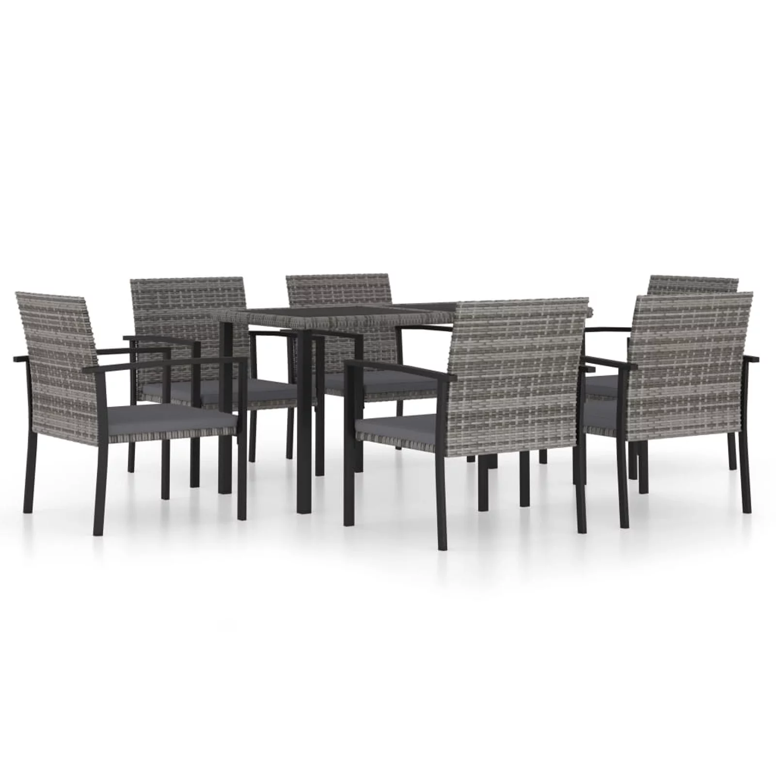 Anself Set of 7 Patio Dining Set Glass Tabletop Table and 6 Chairs with Cushion Gray Poly Rattan Powder-Coated Steel Frame Outdoor Dining Set for Garden, Lawn, Courtyard