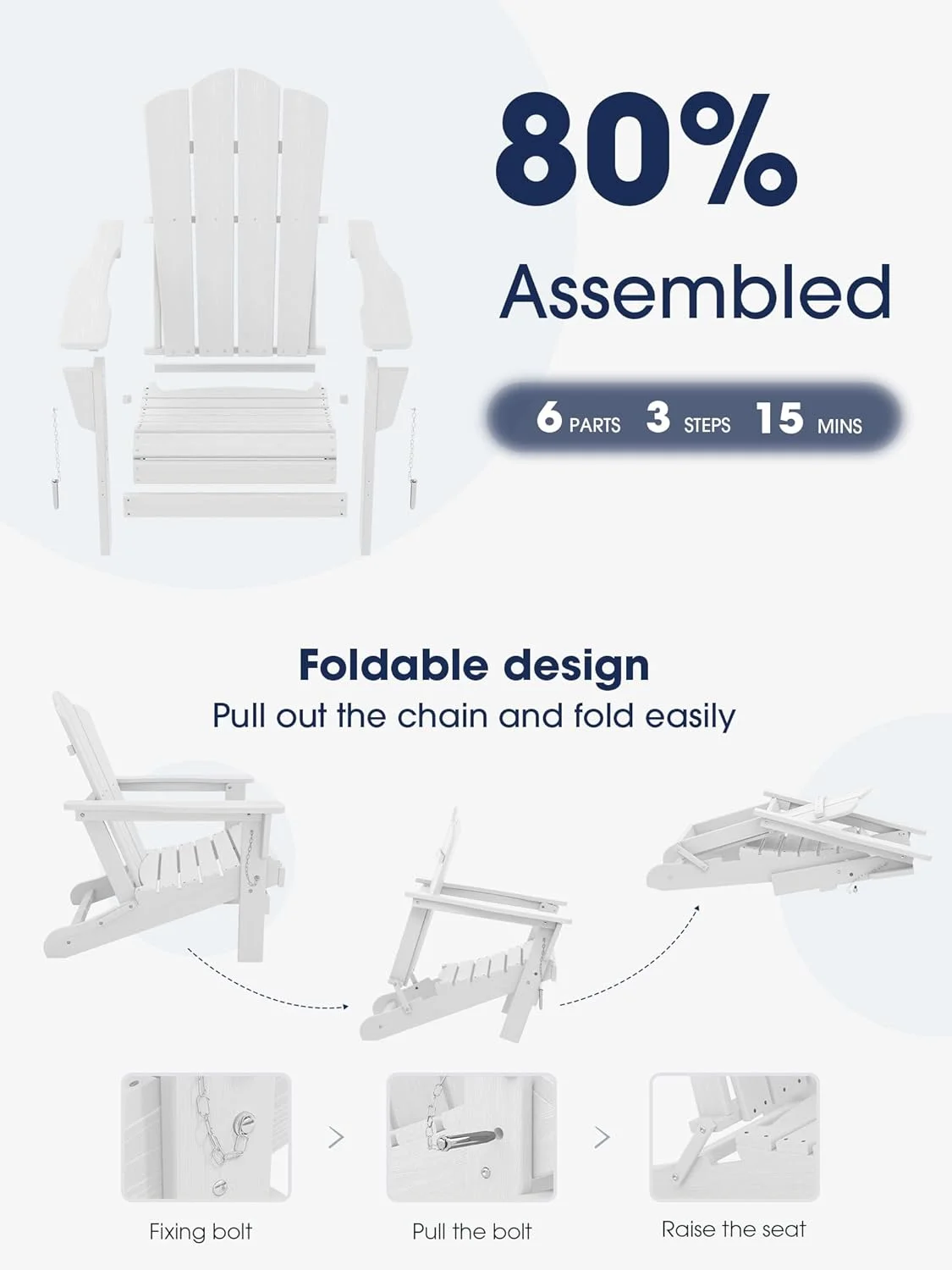 KINGYES Folding Adirondack Chair, HDPE All-Weather Folding Adirondack Chair, White