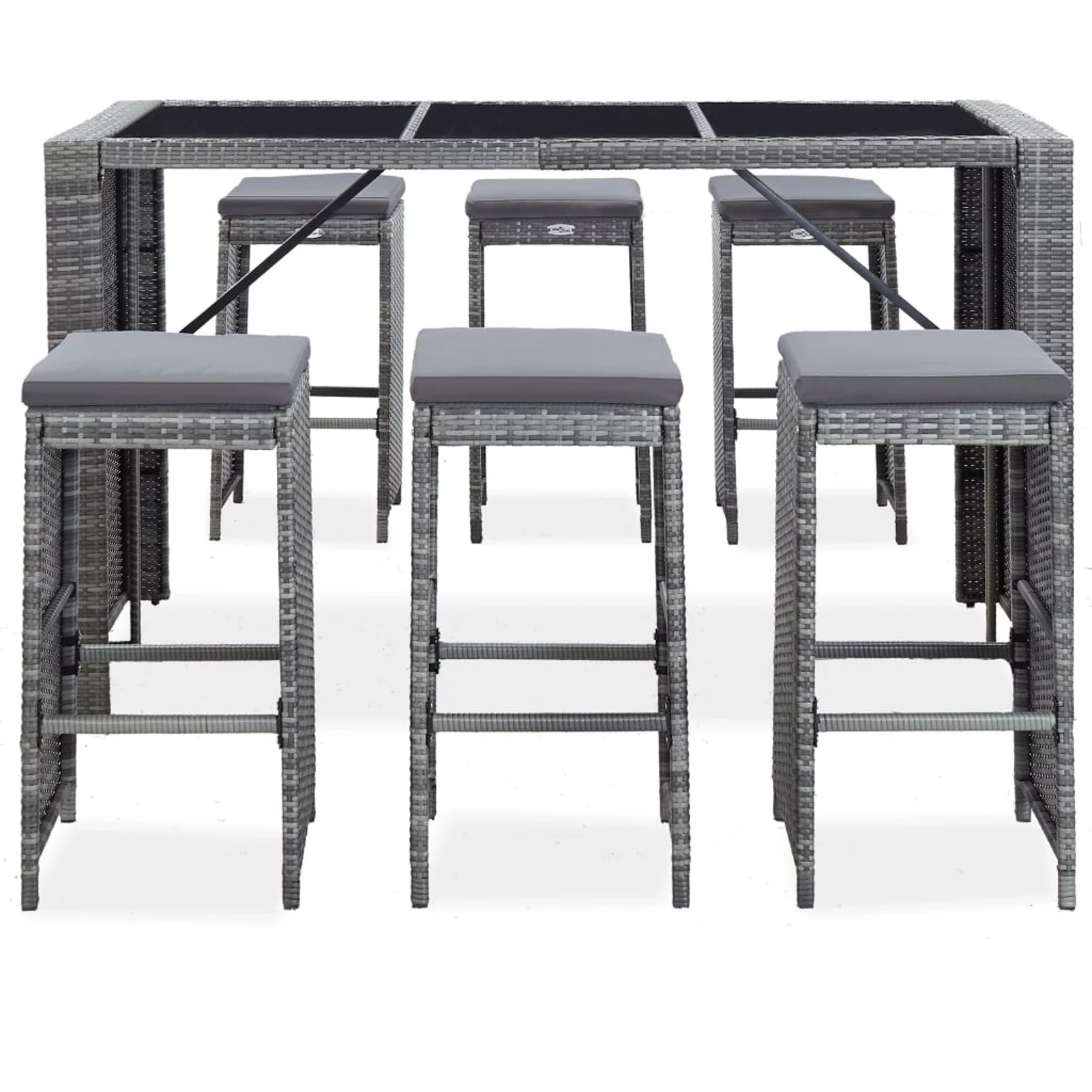 Dcenta 7 Piece Patio Bar Set with Cushions Poly Rattan Gray