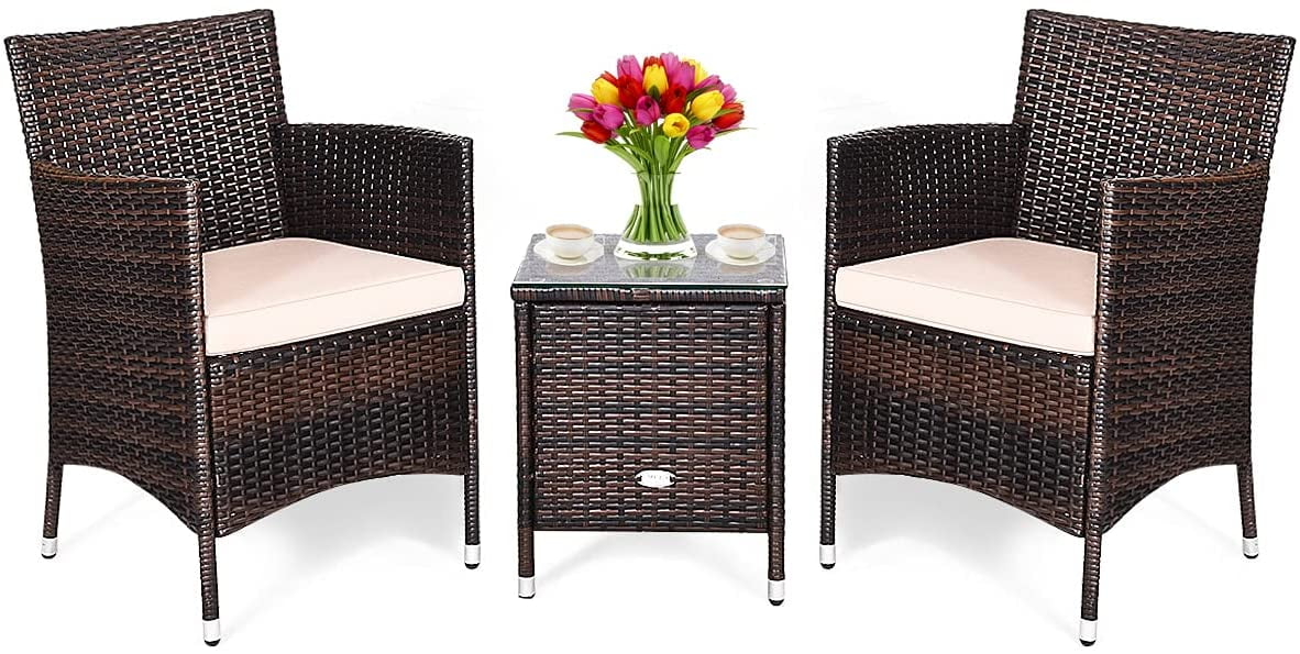 Outdoor 3 PCS PE Rattan Wicker Furniture Sets Chairs Coffee Table Garden Beige
