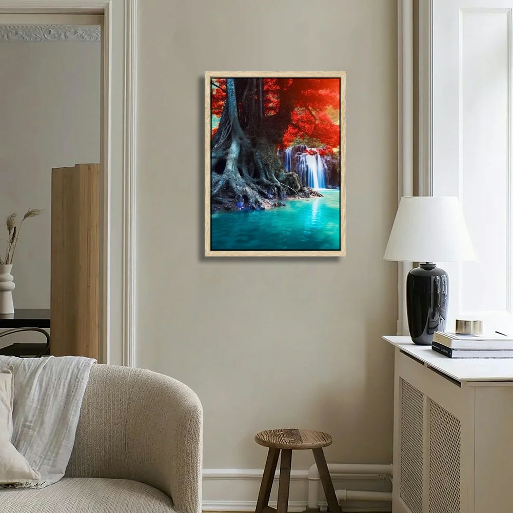 QCPP Fall Forest Wall Art Landscape Canvas Prints Season Mountain Waterfall Picture Wall Decor fro Bathroom Bedroom Park Painting Artwork Kitchen Home Decorations 12x16 Inch Framed Picture 03