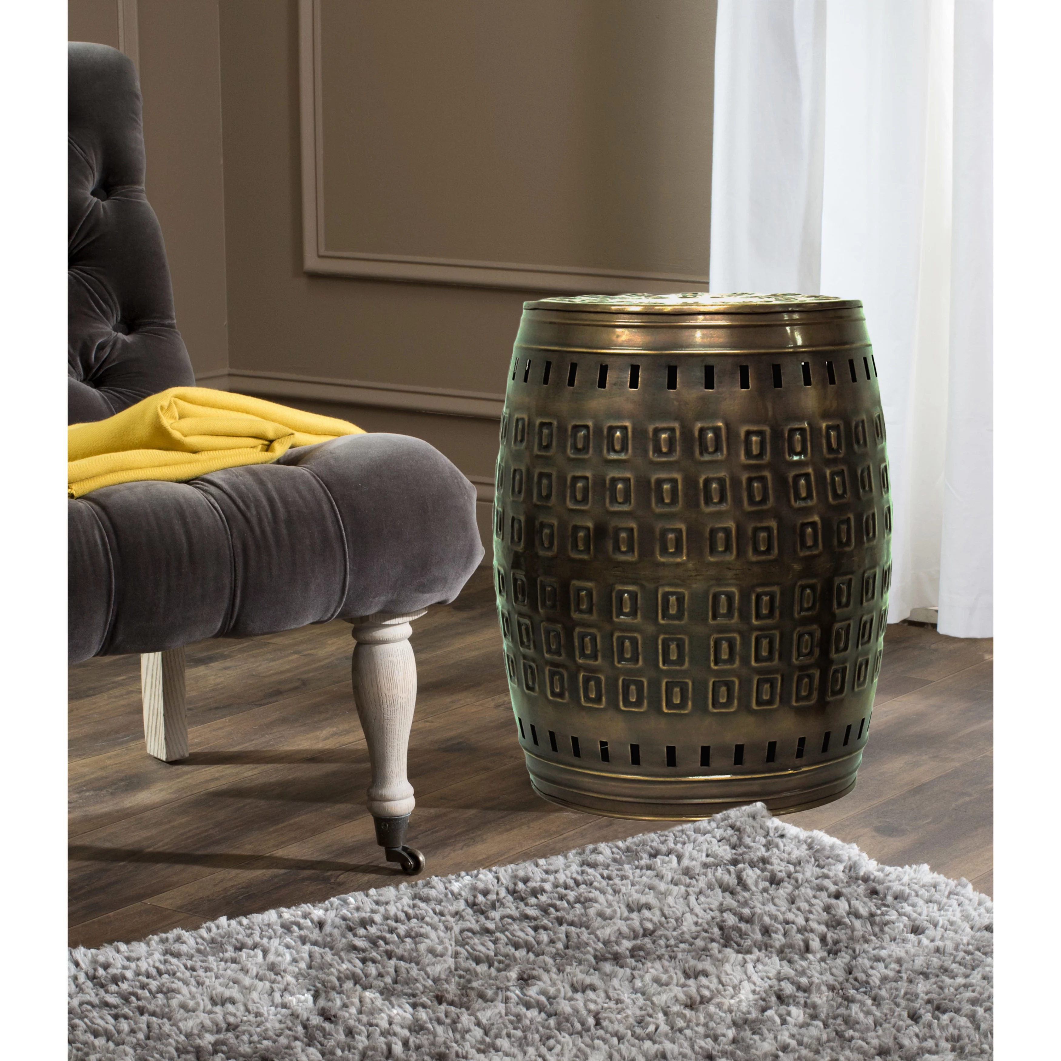 Saffron Fabs  Multiple Purpose Hand Tooled 2-piece Metal Stool Set Drum Bronze Bronze Finish Hand Painted Casual Table Sets