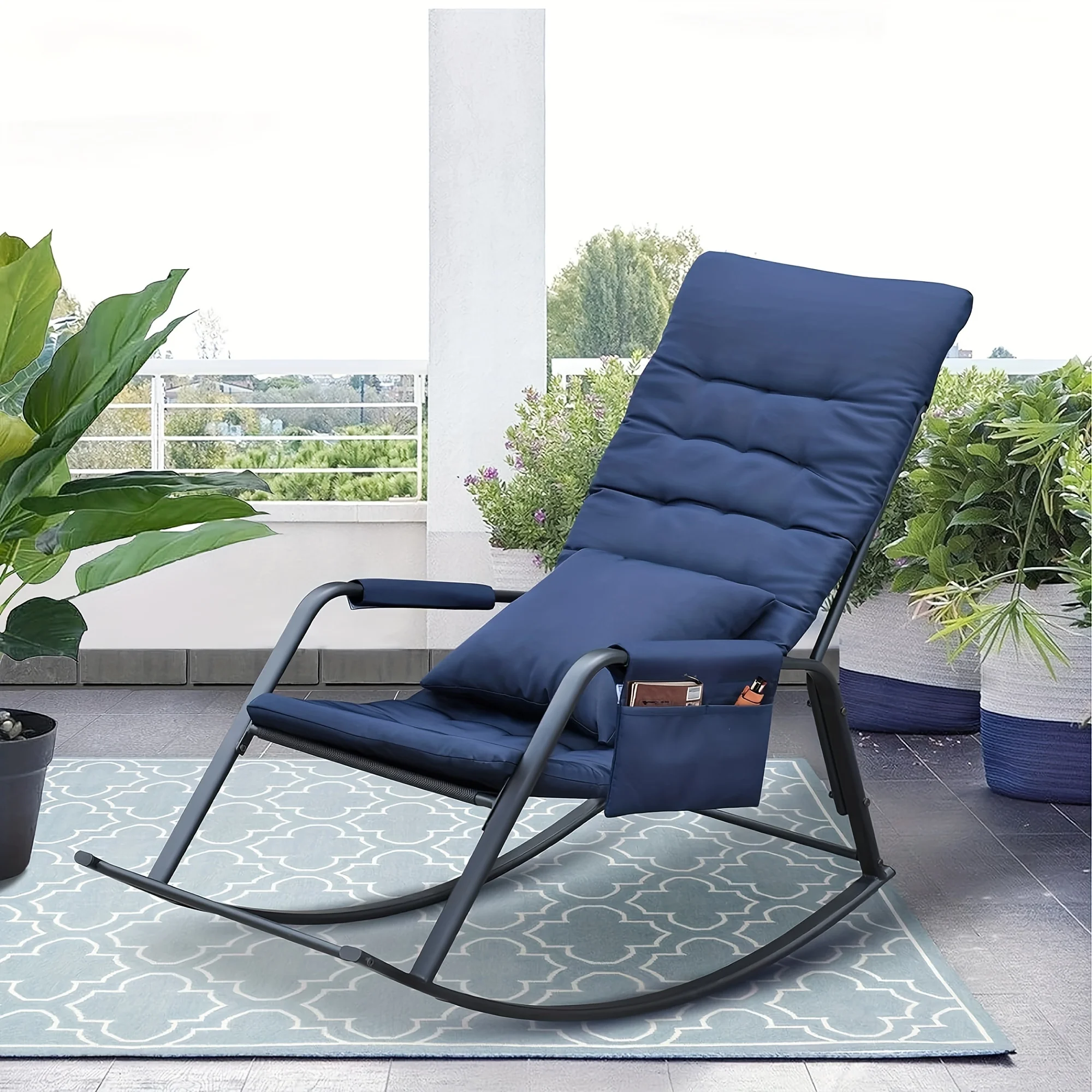 Indoor Outdoor Rocking Chair, Modern Cozy Leisure Rocking Chair with Pillow and Cushion for Living Room, Bedroom, Porch, Balcony (Navy Blue)