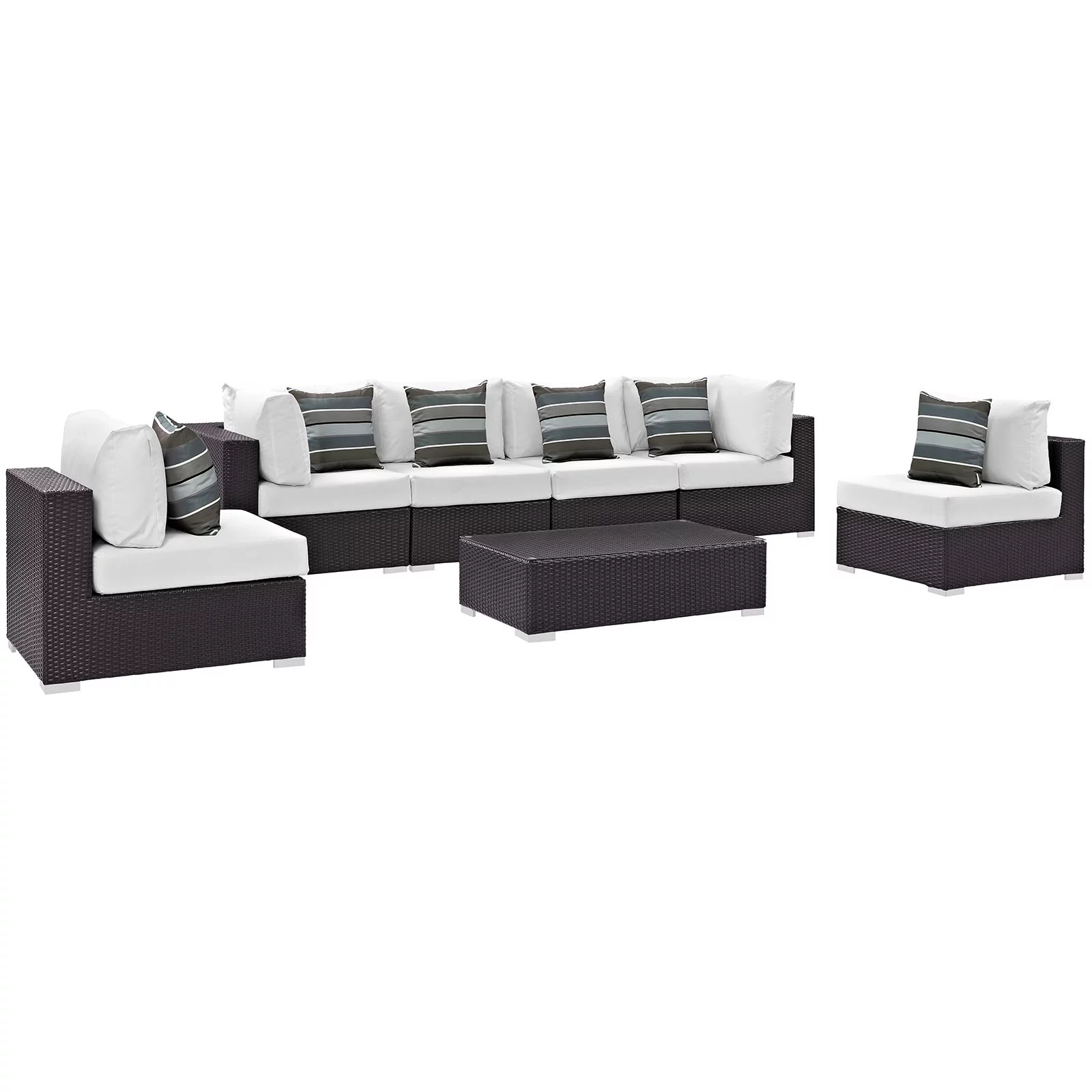 Modern Contemporary Urban Design Outdoor Patio Balcony Seven PCS Sectional Sofa Set, White, Rattan