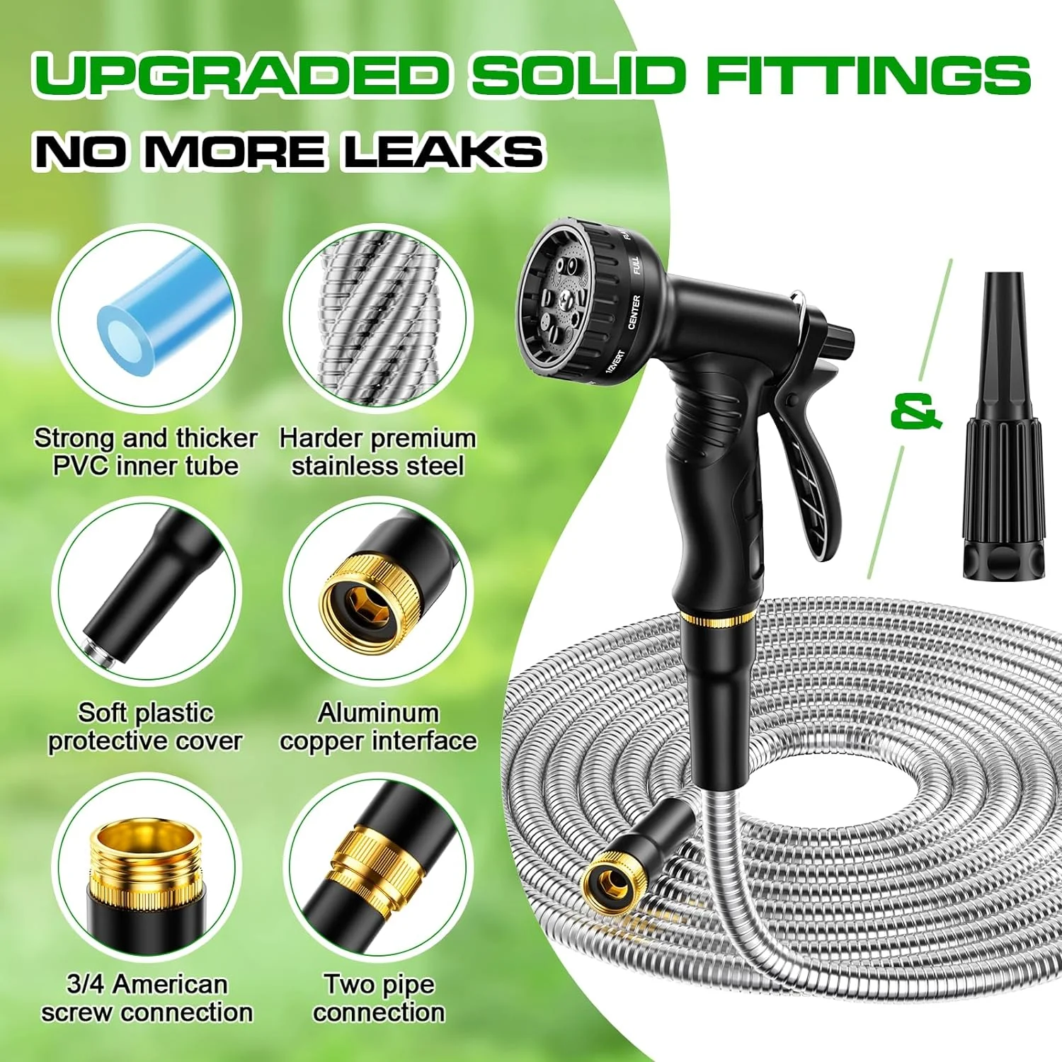 Garden Hose Water Hose 75 ft - 304 Stainless Steel Metal Hose with 10 Function Nozzles, No-Kink, Rust Proof, Easy to Store, Heavy Duty Garden Hose for Yard, Lightweight Outdoor Hose