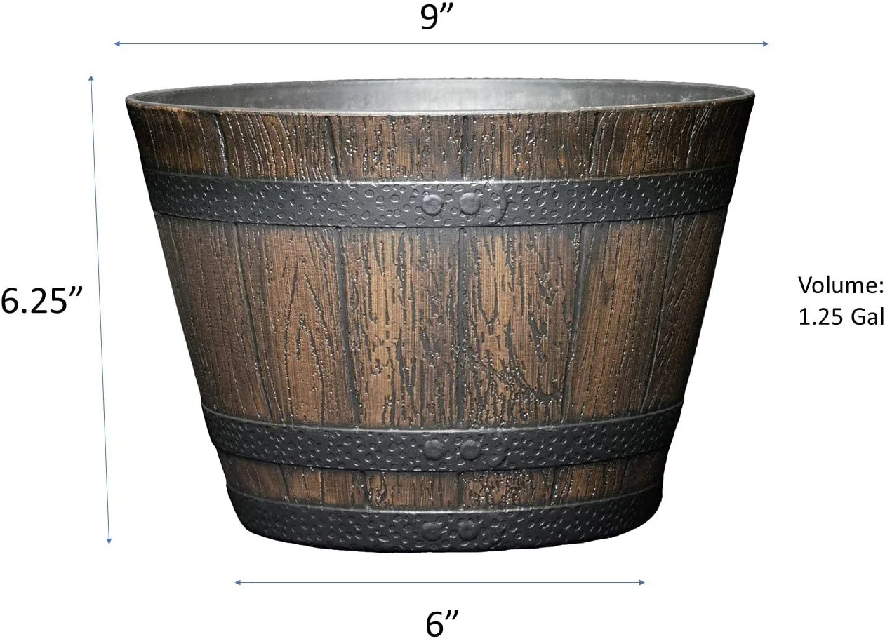 Whiskey Plastic Resin Flower Barrel Planter, Walnut Brown, 9