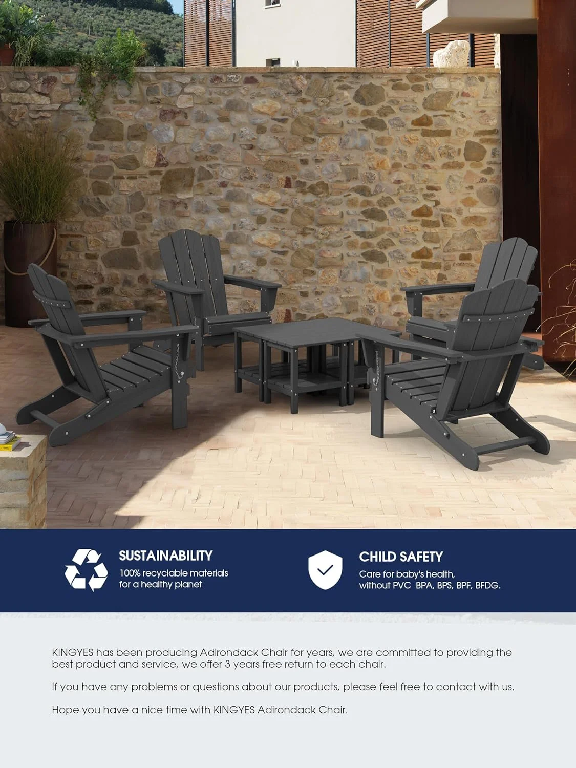 KINGYES Folding Adirondack Chair Set of 6, HDPE All-Weather Folding Adirondack Chair, Grey