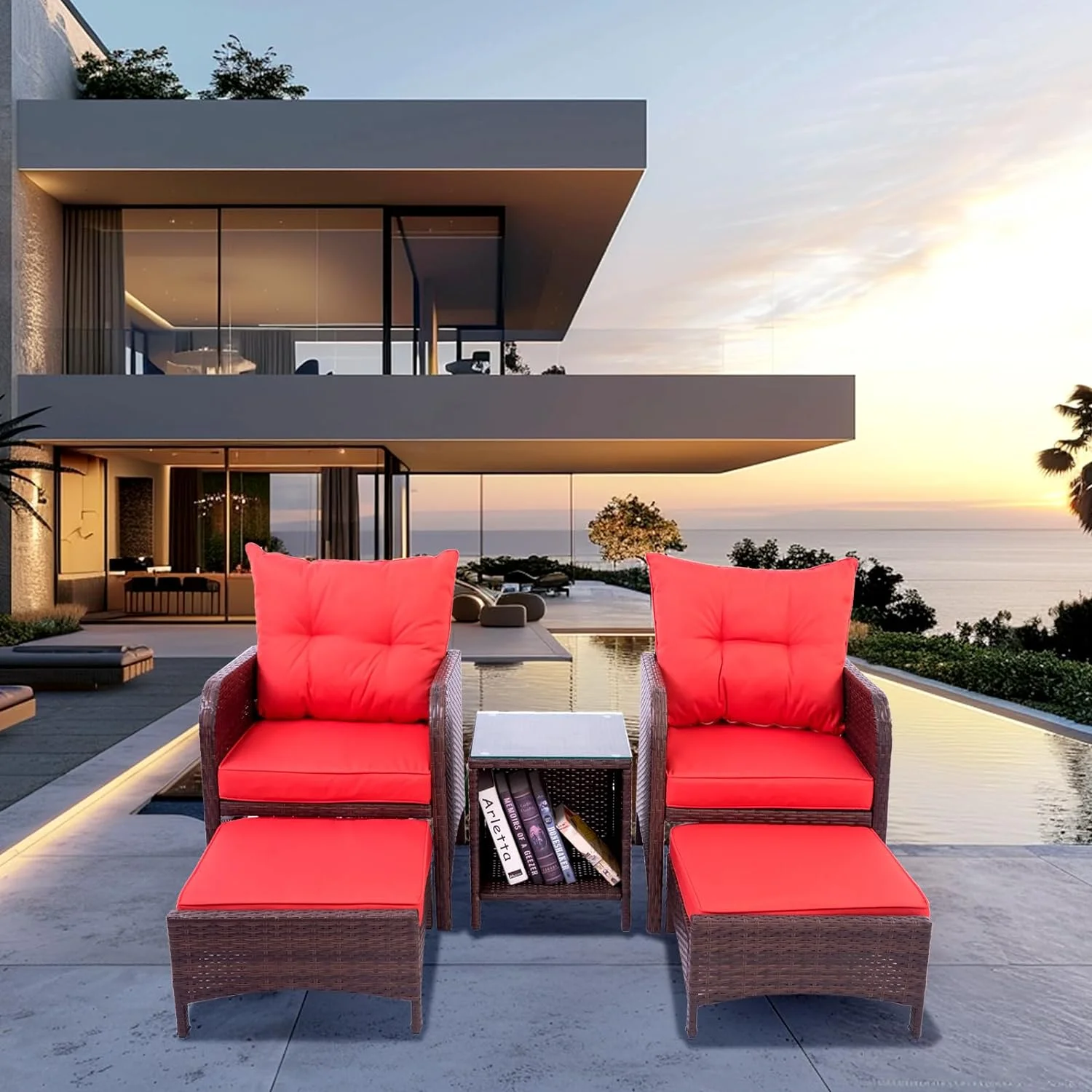 Dina 5 Piece Balcony Furniture Patio Set with Ottoman PE Rattan Wicker Furniture Set with Table Conversation Outdoor Lawn Chairs with Footrest for Lawn Garden Porch (Orange)