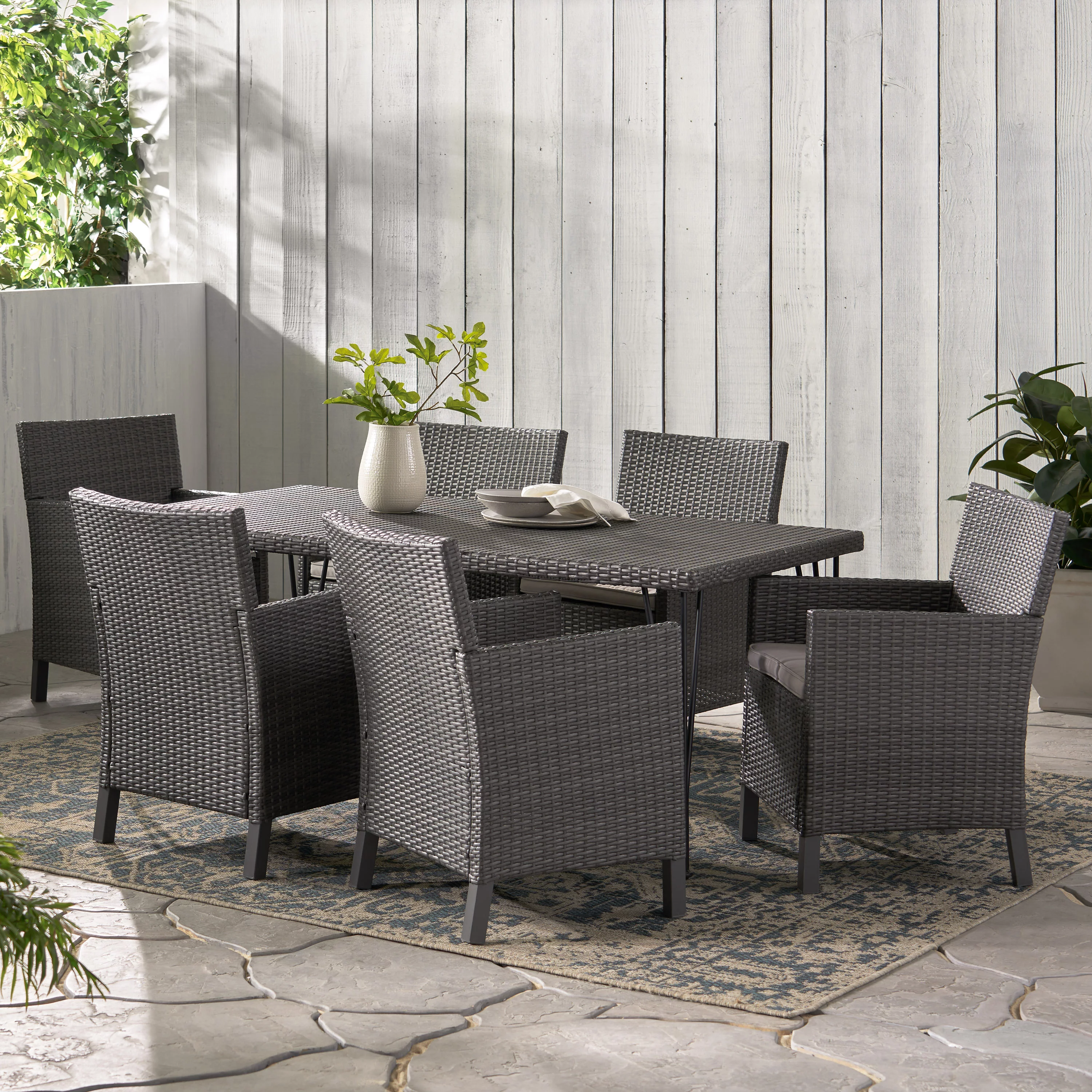 GDF Studio Axeford Outdoor Wicker 7 Piece Dining Set with Cushion, Gray, Light Gray, and Matte Black