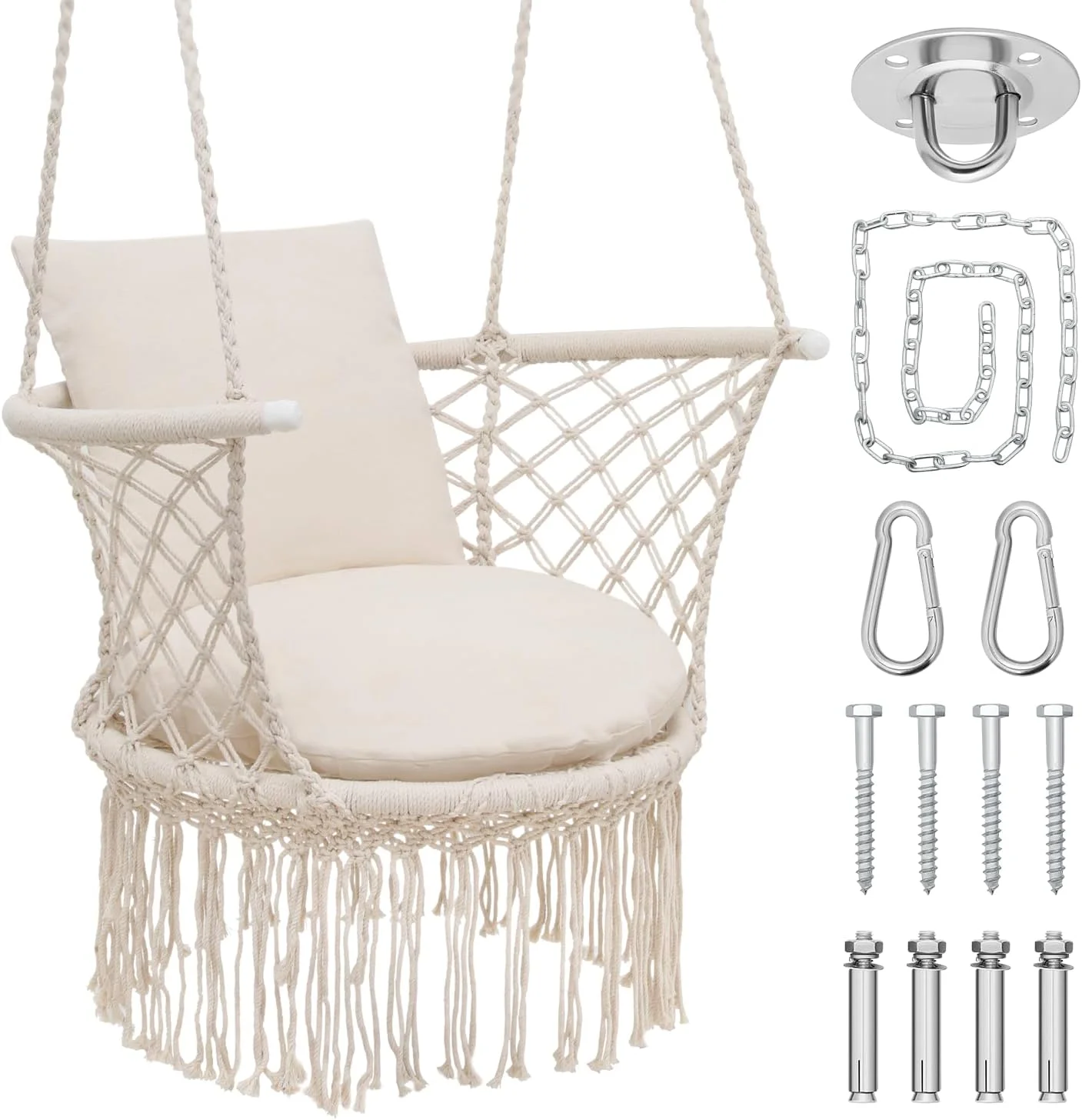 Boho Hanging Chairs for Outside with Dual Cushions, Home Macrame Swing Chair Bedroom Hanging Chair, Round Cotton Mesh Hammock Swing for Indoor and Outdoor Use, 350 lbs Capacity (Beige)