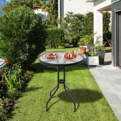 Outdoor Round Tempered Glass Dining Table w/o Umbrella Hole Suitable Fit Patio