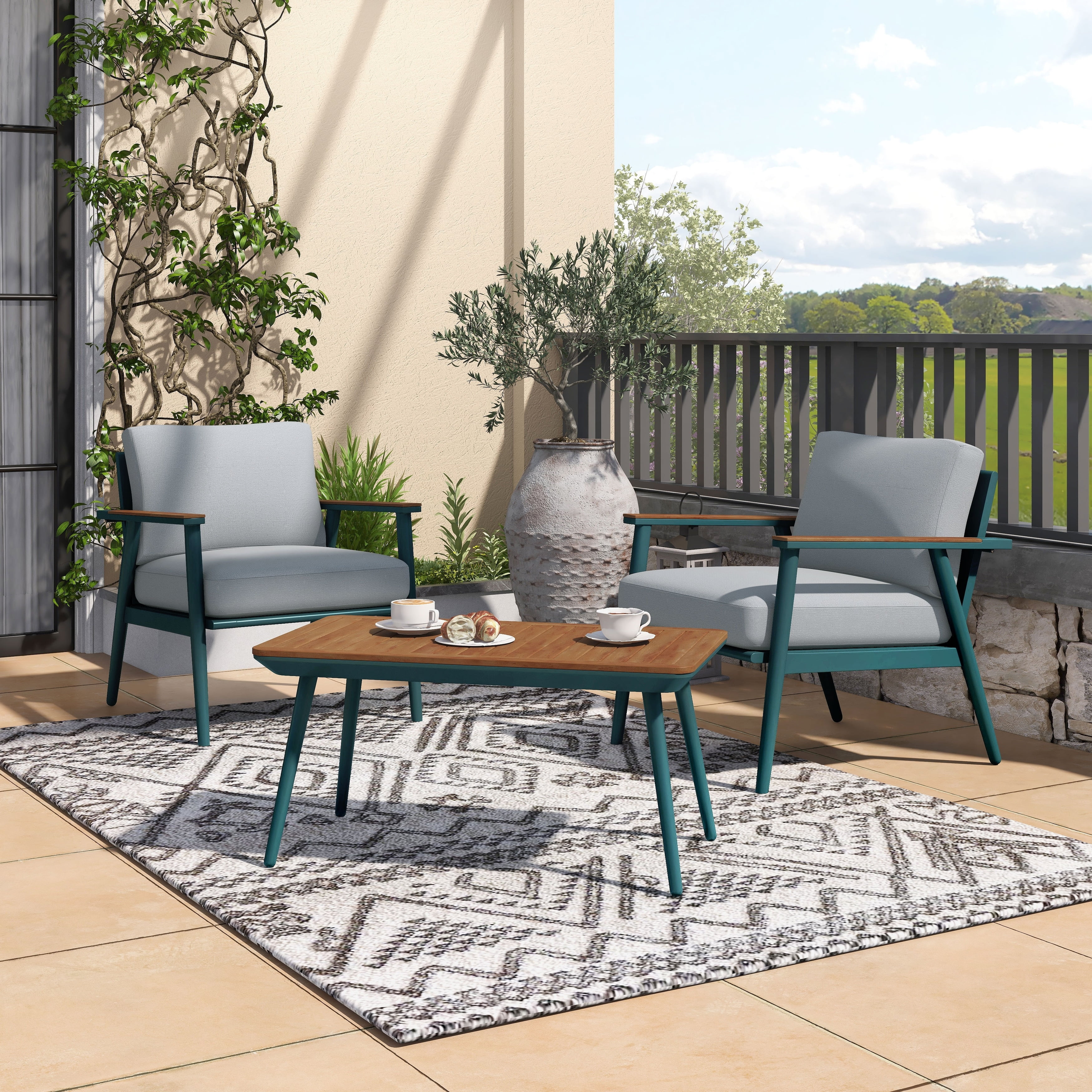 Furniture of America Forreign Contemporary Green and Oak 3-Piece Aluminum Outdoor Bistro Set by