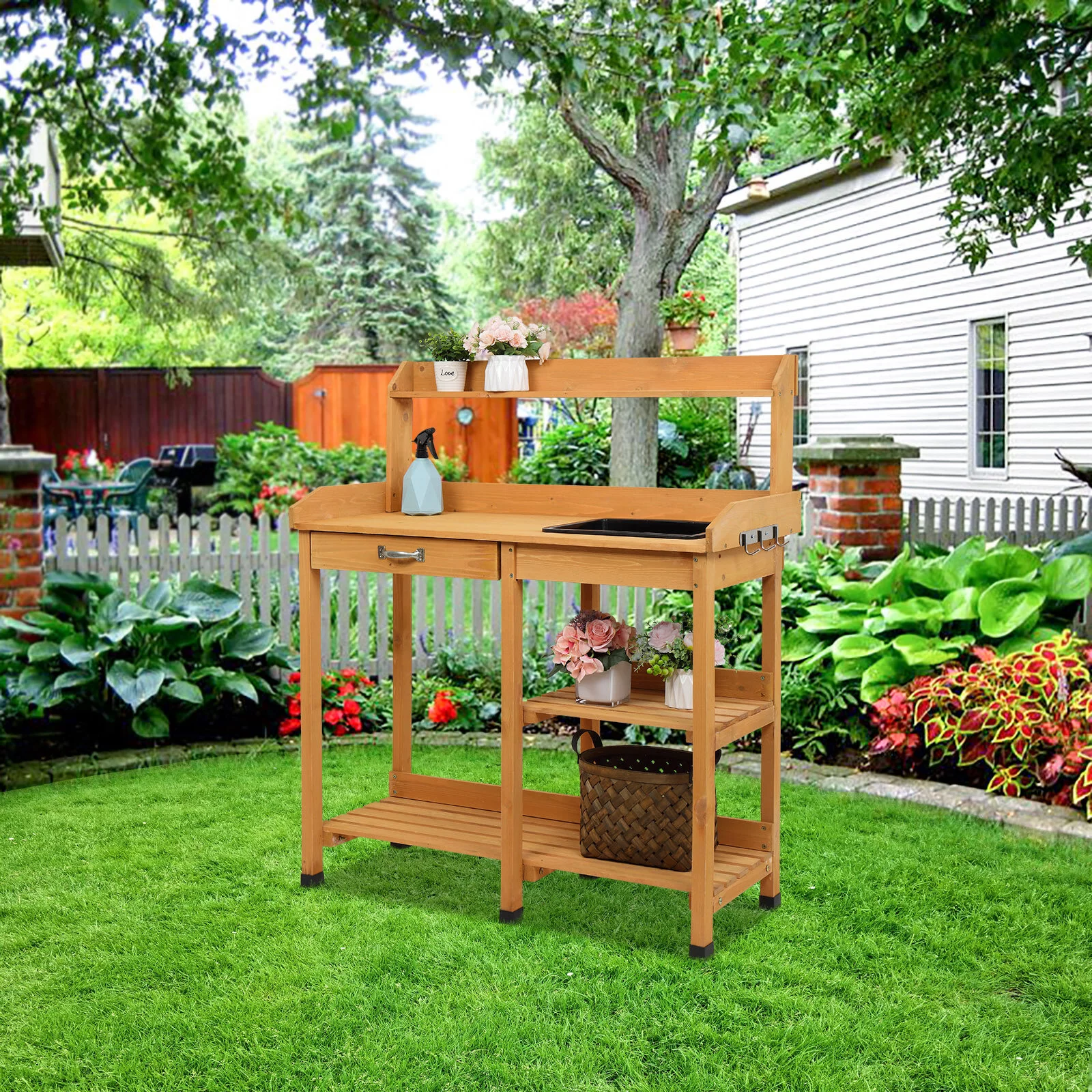 Garden Workbench with Drawers, Sink, and Workspace Organizer Shelf