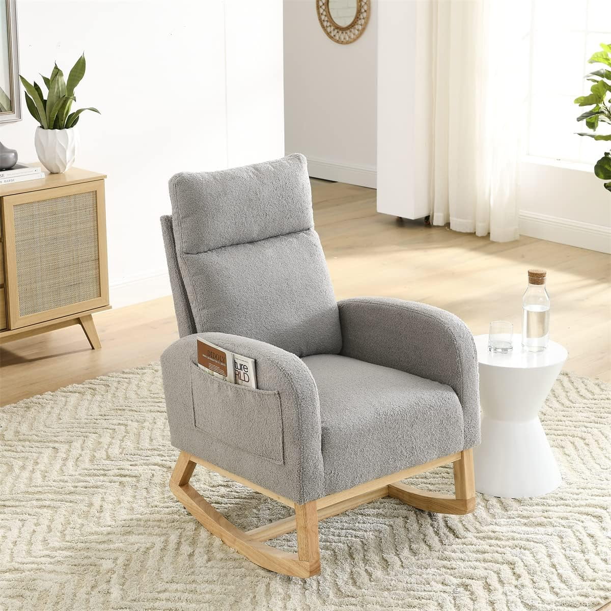 HBROLJF Fabric Rocking Chair with Solid Wood Legs Upholstered High Back Glider Chair for Nursery with 2 Side Pocket Comfy Armchair  Chair  Room Bedroom Office Grey