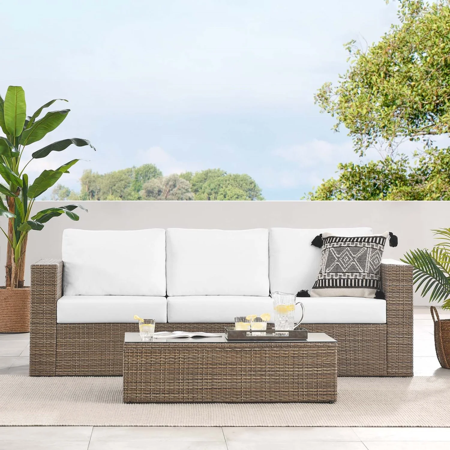 Lounge Sectional Sofa Table Set, White, Rattan, Wicker, Outdoor Patio Balcony Cafe Bistro Garden Hospitality Restaurant, Modern Contemporary HB34712