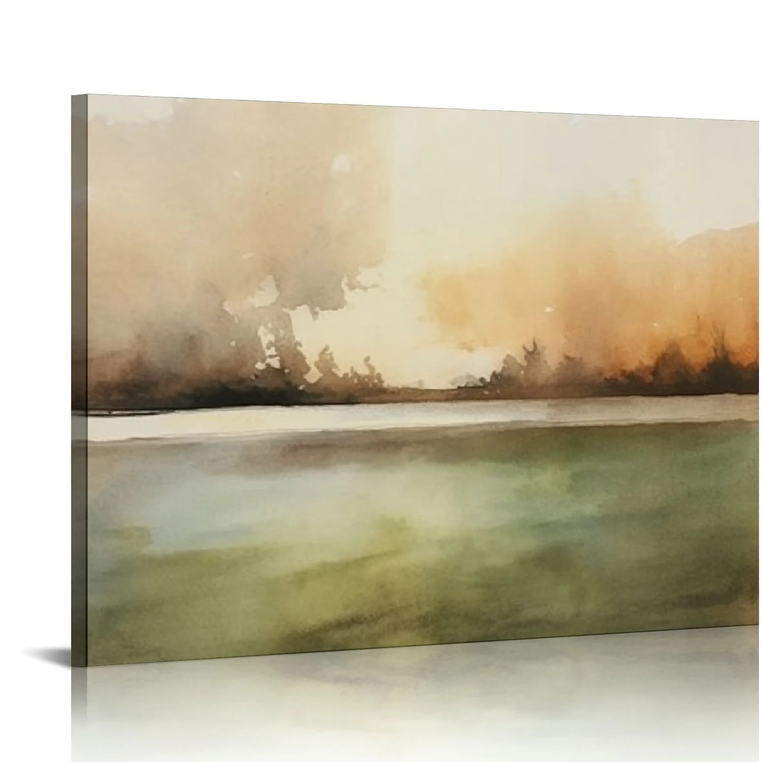 ONETECH  Framed Canvas Print Wall Art Brown and Green Watercolor Landscape Abstract Shapes Illustrations Modern Chic Relax/Calm for Living Room, Bedroom, Office