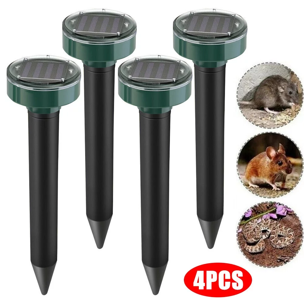 4Pack Mole Repellent Solar Powered Waterproof Mole Chipmunk Repellent Outdoor Ultrasonic Gopher Vole Deterrent Sonic Repellent Spikes Drive Away Burrowing Animals from Lawns and Yard