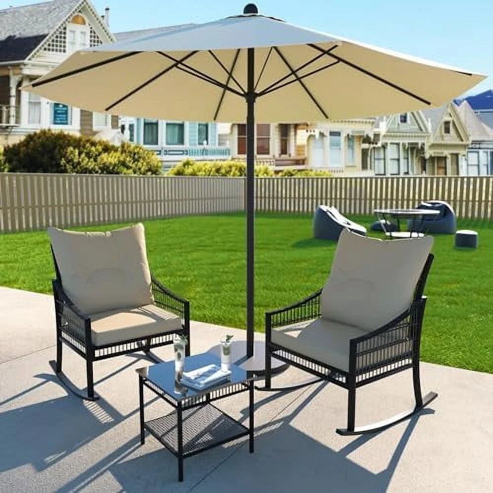 xrboomlife 3 Pieces Outdoor Rattan Rocking  with Cushions  Patio Wicker  Set with Rocker Chair & Glass Coffee Table  Conversation Set for Porch  Balcony  Backyard  Cream White
