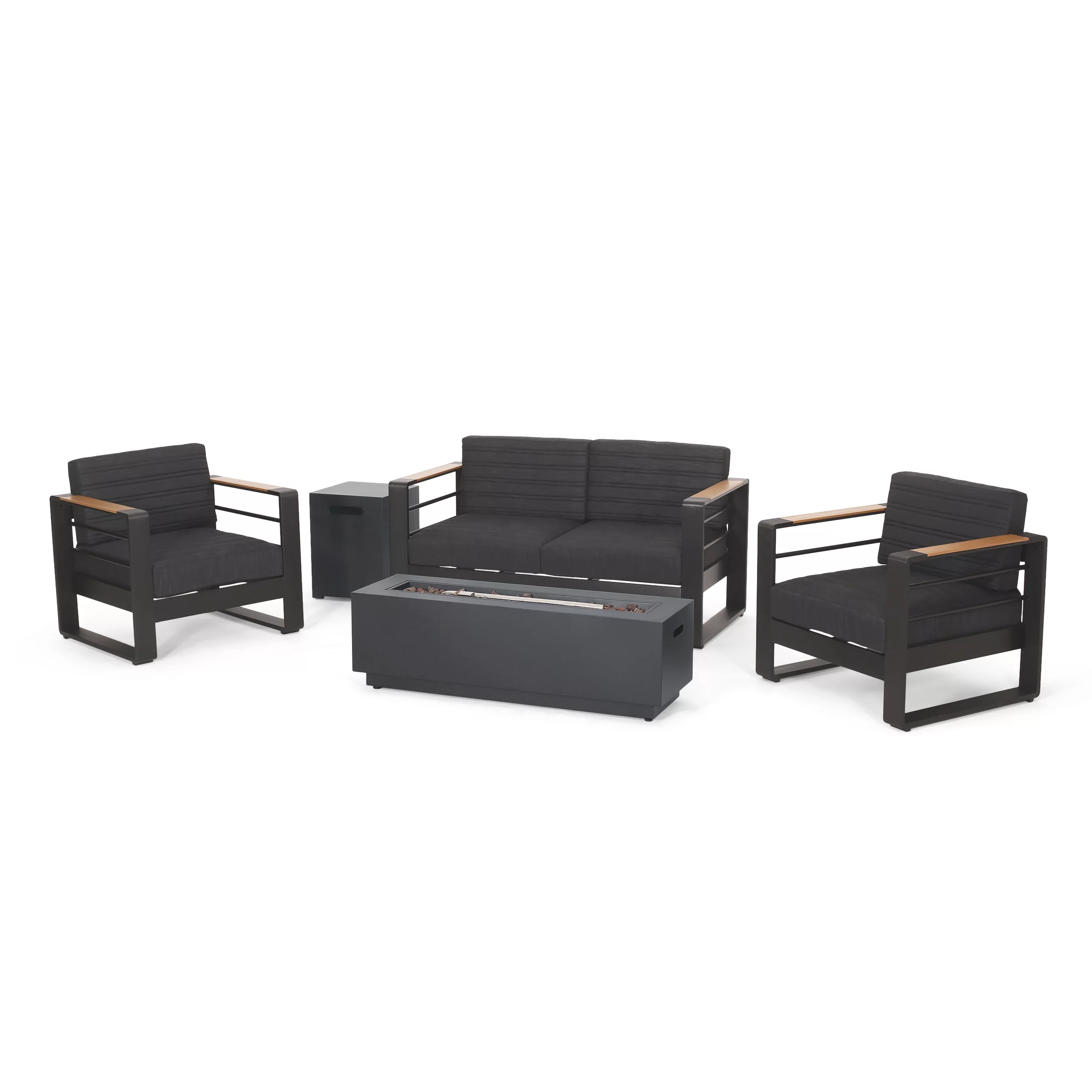 GDF Studio Hooven Outdoor Aluminum 4 Seater Chat Set with Fire Pit, Black, Natural, and Dark Gray