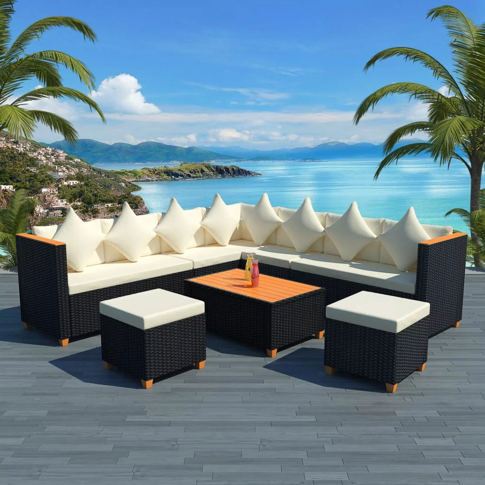 Dcenta 7 Piece Patio  Set with Cream White Cushions Black Poly Rattan Sofa Set  Conversation Set for Garden, Backyard, Patio, Balcony, Poolside
