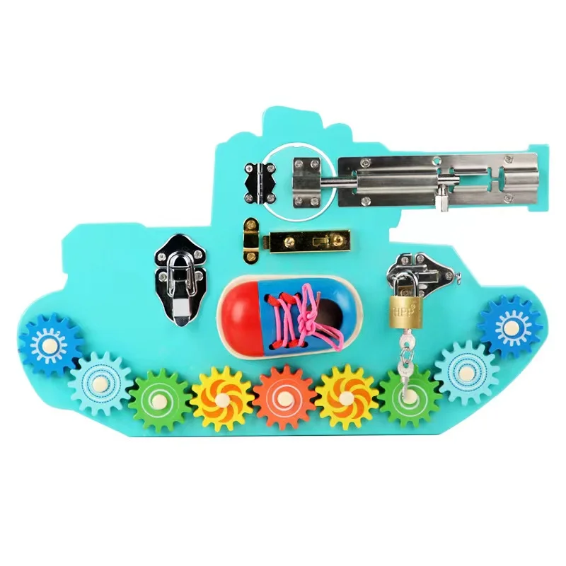 Montessori Wooden Military Tank 6-in-1 Busy Board with Shoelace, Locks, Latches and Rotating Gears Educational for Preschool Toddlers Kids