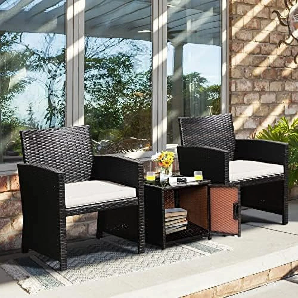 HYHBIBOOM 3 Piece Outdoor   PE Wicker Patio Conversation Set with Side  Table with Door  Soft Cushions and Protective Cover  Outdoor Sofa and Table Set