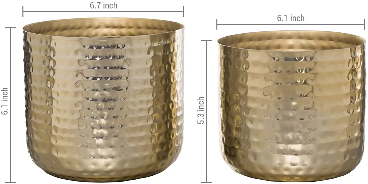 MyGift 2 Piece Hammered Style Cylindrical Planter Pots, Brass Plated Metal