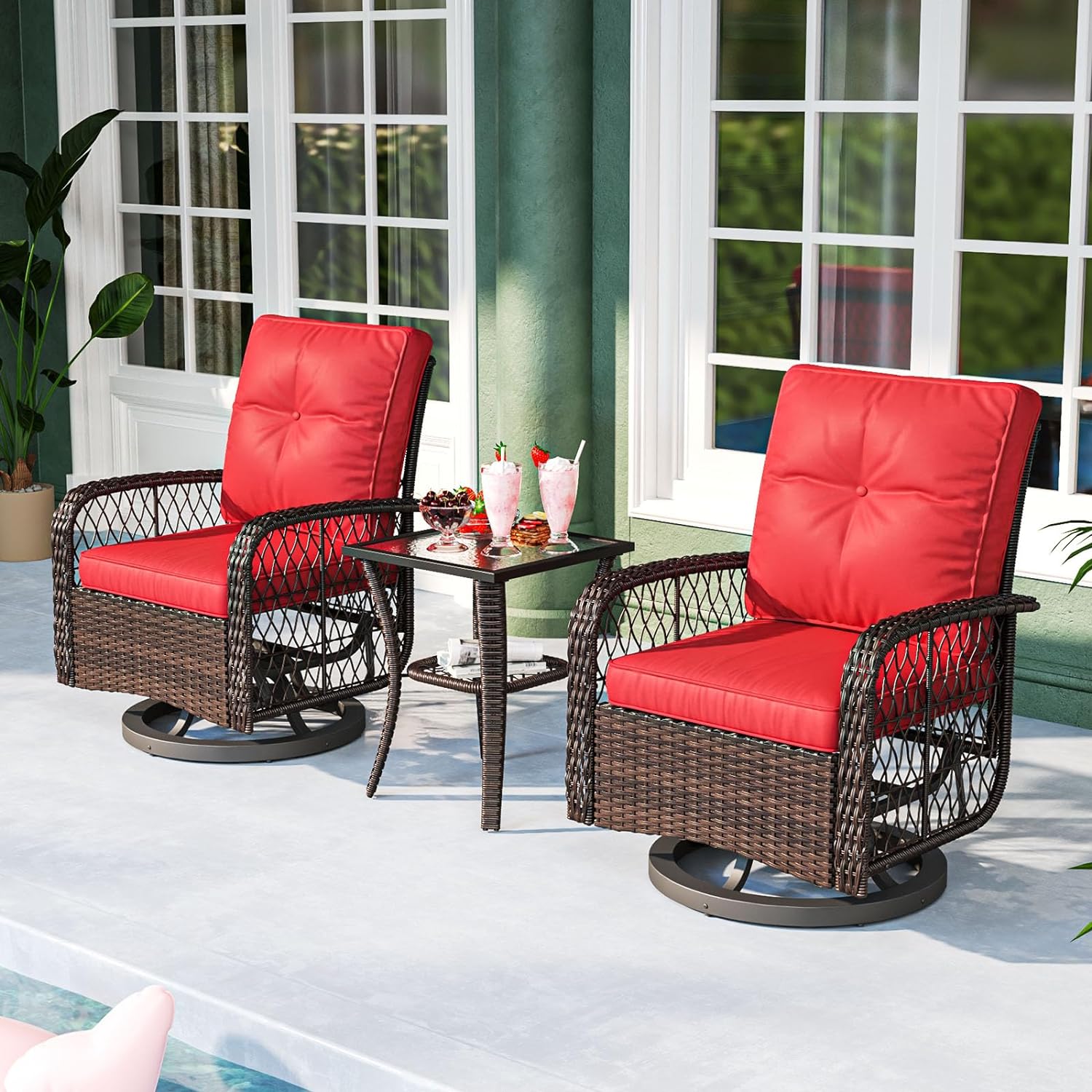 Dina 5 Pieces Patio Furniture Set Outdoor Wicker Rattan Swivel Gliders Rocker Patio Bistro Set with Rocking Chairs and Side Table for Deck  Backyard  and Porch  Beige