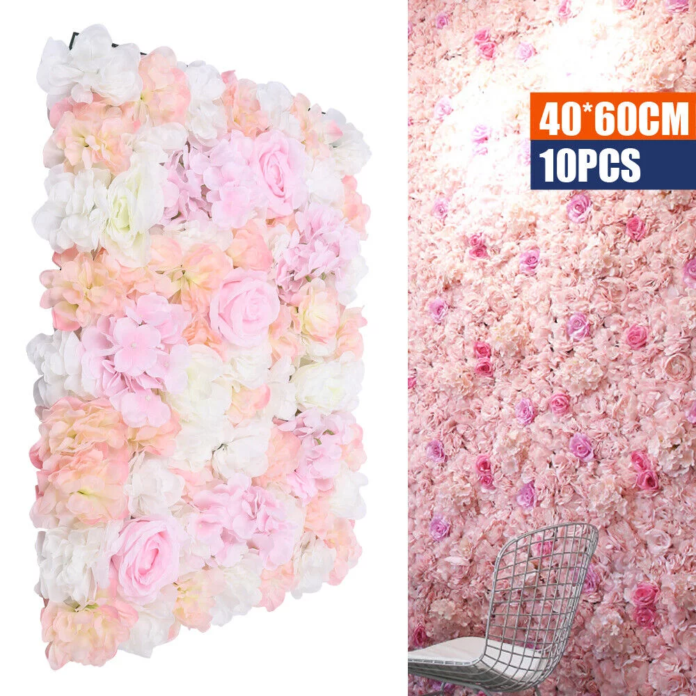 10Pcs Set Artificial Rose Flower Wall Panel Home Wedding Backdrop Decor 60x40cm