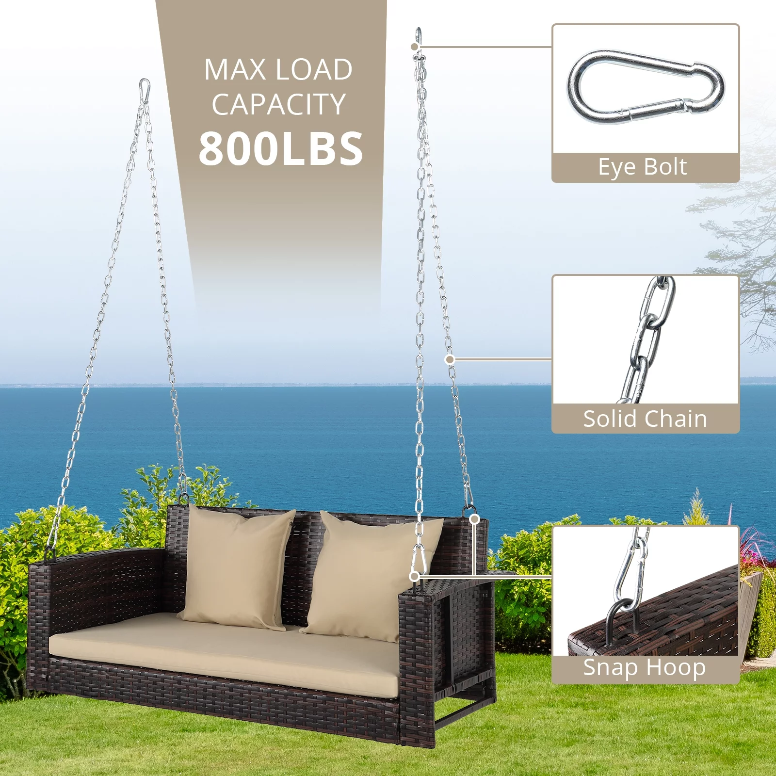 49in Brown Gradient Rattan  Beige Cushion Rattan Swing Chair（Swing frames not included）