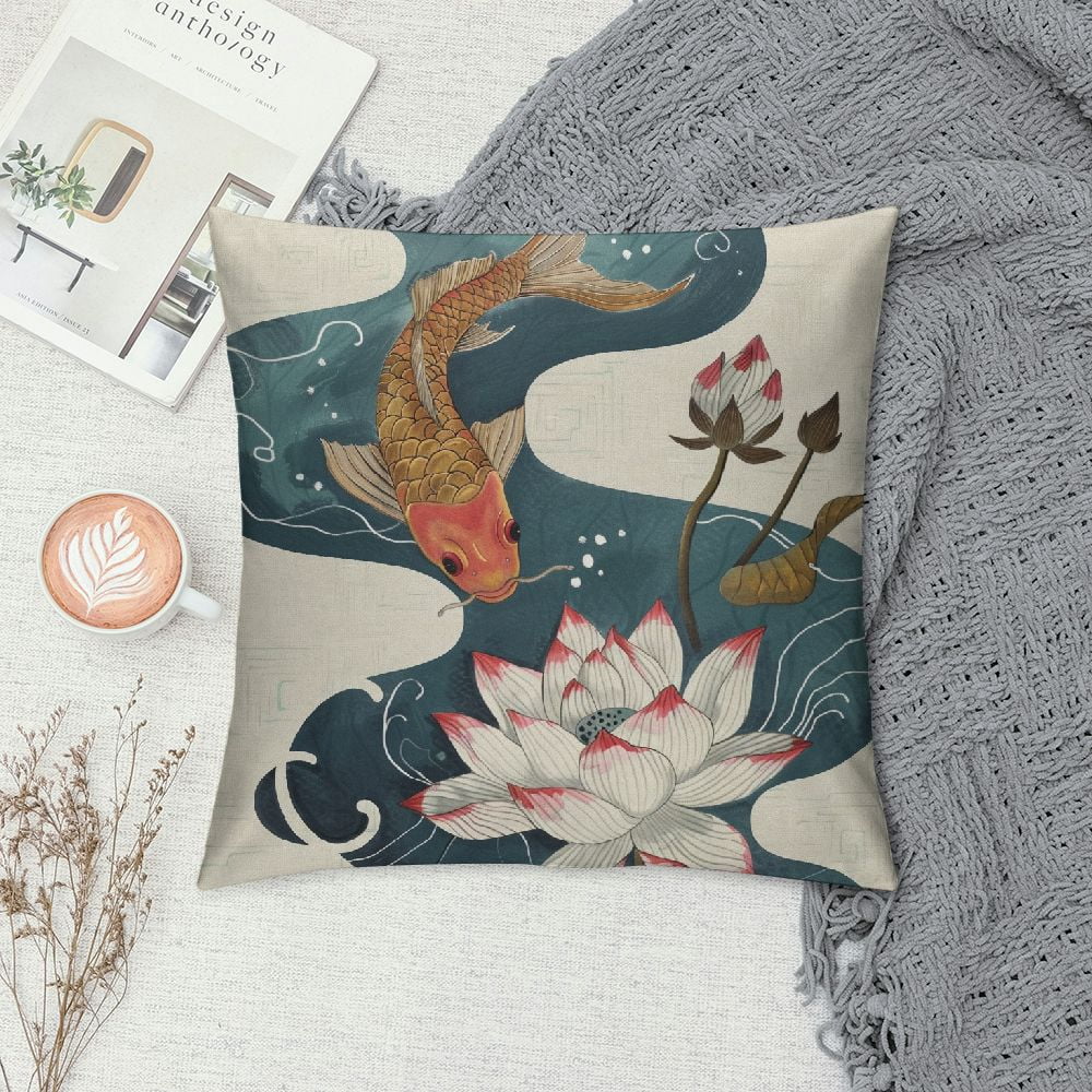 Wuche  Lotus Koi Pond Flower Pillow Covers Fish Outdoor Lumbar Indoor Decorative Throw Pillows White