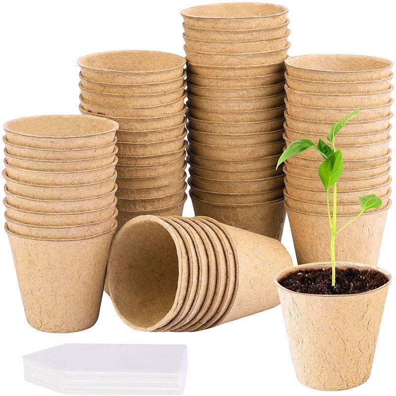 Paper Seedling Pot With 20 Plant Labels, Biodegradable Circular Plant Pot, Nursery Pot With Bottom Drainage Holes (40 Pots/3.15 Inches)