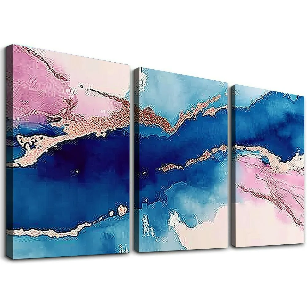 Nawypu Pink Blue Marble Wall Art Abstract Pink Painting Navy Blue and Pink Picture Gold Marble Canvas Wall Art Blue Watercolor Prints Dark Blue Artwork Abstract Marble Posters,3 Piece