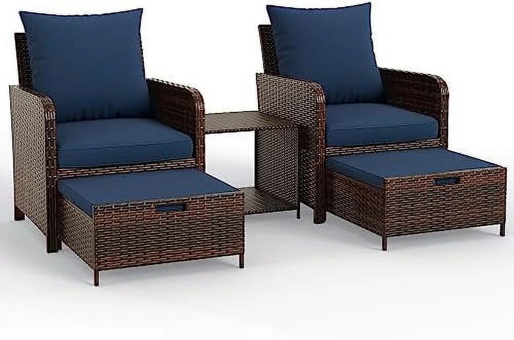QUGDXVBN 5 Piece Patio  Set  Outdoor Patio Conversation Rattan Chair with Ottomans w/ Coffee Table for Patio  Space Saving Design for Balcony Poolside Front Porch Deck  Navy