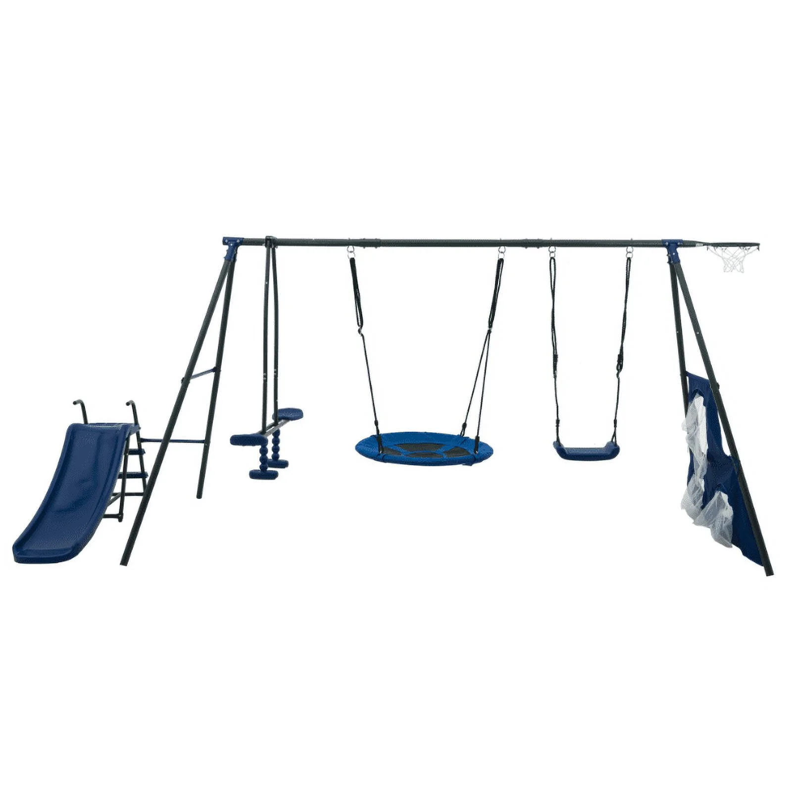 grey and blue interesting six function swingset with net swing metal plastic safe swing set 440lbs for outdoor playground for age 3+ with 31.5in net swing